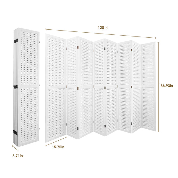 English Elm 8 Panel Pegboard Room Divider 5.6ft Folding Wooden Privacy Screen Freestanding Display White W2701P189940