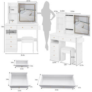 English Elm 37" Vanity Table Set with Led Mirror Stool Built-in Outlets and Hair Dryer Storage White W3258P448842