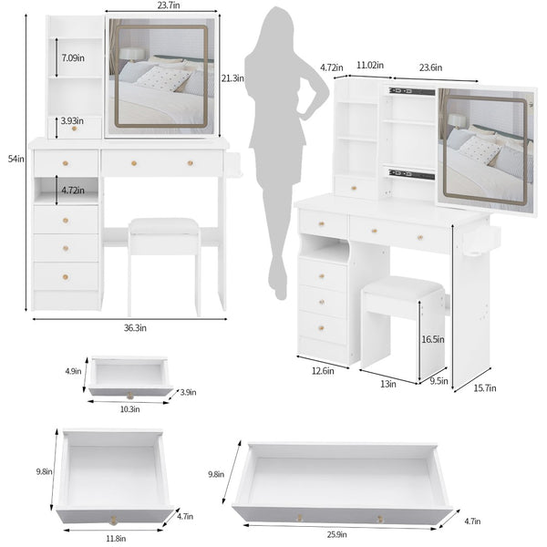 English Elm 37" Vanity Table Set with Led Mirror Stool Built-in Outlets and Hair Dryer Storage White W3258P448842
