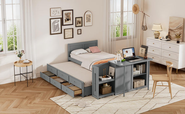 English Elm Twin Multifunctional Wood Platform Bed with Built-In Desk, Trundle & 3 Drawers for Small Spaces Gray 44.3 L x 23.1 W x 9 H N733S212832E