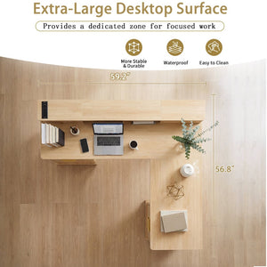 English Elm 59" Fluted Oak L-shaped Corner Desk with Charging Station Monitor Stand and File Storage Light Oak W2917S00005