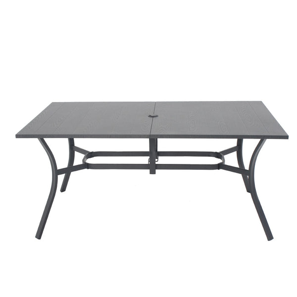 English Elm "vintage Wood Grain Steel Outdoor Dining Table with Umbrella Hole Rust Proof Slatted Top Black W3979P394149