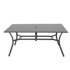 English Elm 7-piece Outdoor Steel Dining Set with Wood-grain Table Umbrella Hole and Slat Chairs W3979S00052