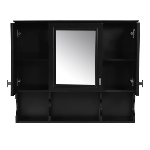 English Elm 35'' Modern Wall-Mounted Medicine Cabinet with Mirror, Hidden Storage and Open Shelves for Bath Black N710P209443B