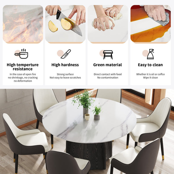 English Elm 53" Round Marble Dining Table – Elegant Sintered Stone Top With Black Solid Wood Base For 6 People W1535S00379