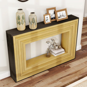 English Elm Modern Layered Console Table with Natural Wood Frame and Matte Black Top — Sleek Entryway Accent, Durable MDF Craftsmanship W3123P369227