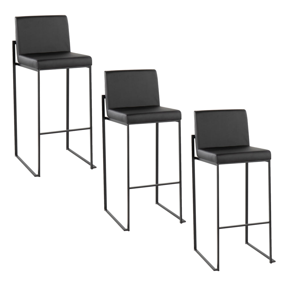 English Elm Fuji 30" Contemporary High Back Barstool Set of 3 — Black Faux Leather, Padded Seat & Steel Frame B202P222204
