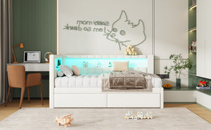 English Elm Upholstered Twin Platform Bed with USB Ports, LED Light Belt, Linen Backrest & 2 Storage Drawers White DL001926AAK