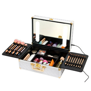 English Elm Portable Led Vanity Makeup Case Aluminum Travel Organizer with Mirror Lock Dividers W1550P163303