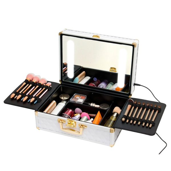 English Elm Portable Led Vanity Makeup Case Aluminum Travel Organizer with Mirror Lock Dividers W1550P163303