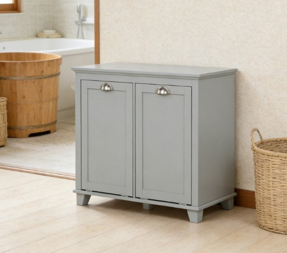 English Elm Bathroom Dual Tilt Out Hamper Cabinet Gray Mdf Laundry Sorter with Modern Handles T3971P430828