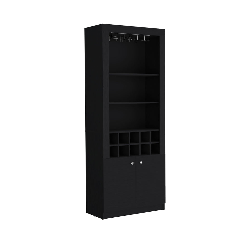 English Elm Nero 74-Inch Tall Bar Cabinet with 10-Bottle Cubbies, 16 Stemware Slots, 4 Shelves, Black B070P188833