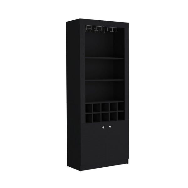 English Elm Nero 74-Inch Tall Bar Cabinet with 10-Bottle Cubbies, 16 Stemware Slots, 4 Shelves, Black B070P188833