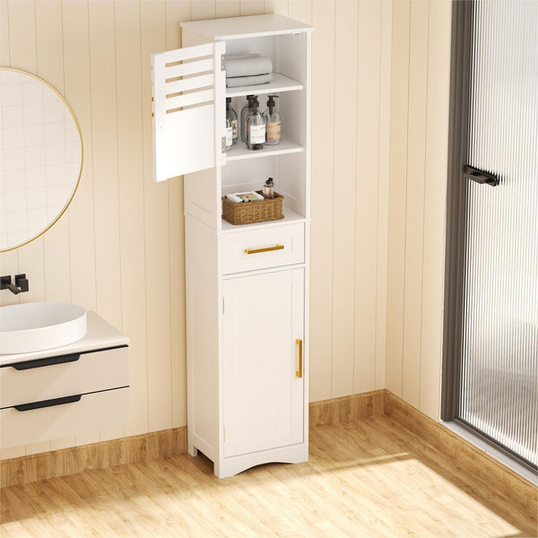 English Elm Tall Bathroom Floor Storage Cabinet – Narrow 5-Shelf Slim Freestanding MDF Organizer with Drawer, Anti-Tip, 15x12x67" T3210P293446