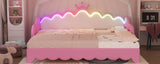 English Elm Twin Extending Daybed With Led Lights, Modern Upholstered Princess Daybed With Crown Headboard,Pink