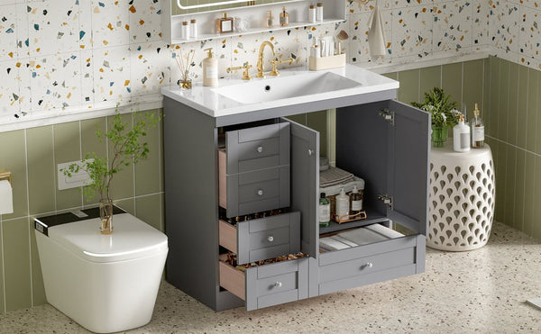 English Elm 36 Inch Shaker Bathroom Vanity with Resin Sink Four Soft Close Drawers Mdf Cabinet Gray N729P000028E