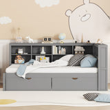 Grey Twin Daybed with 2 Drawers, Storage Shelf, USB Ports - Pine Wood Frame, Charging Station