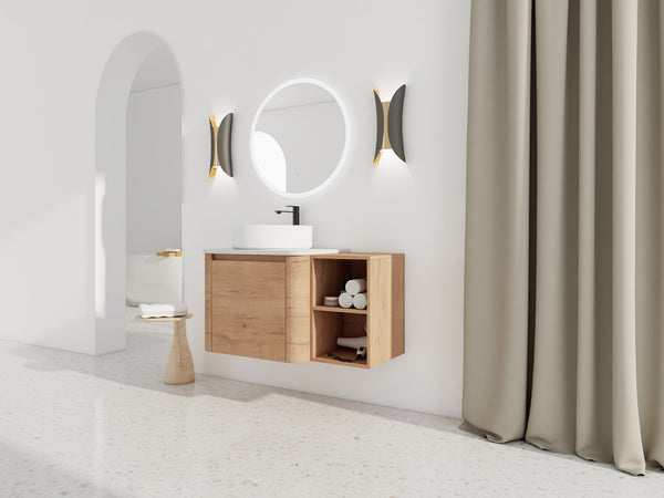 English Elm 36'' Wall-Mounted Bathroom Vanity With Ceramic Sink, Soft-Close Door, Stylish Shelves & Easy Assembly W999S00406