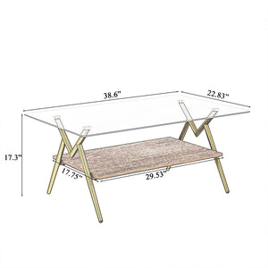 English Elm Rectangle Coffee Table With Clear Tempered Glass Top & Gold Metal Legs For Elegant Living Rooms W241142554-GIGA