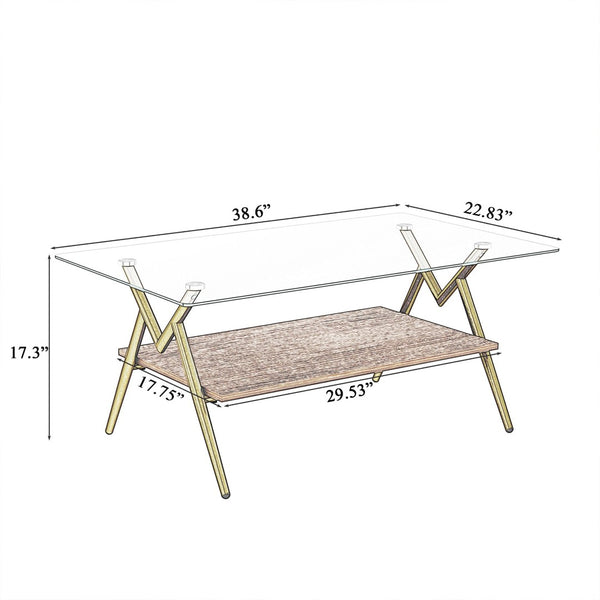 English Elm Rectangle Coffee Table With Clear Tempered Glass Top & Gold Metal Legs For Elegant Living Rooms W241142554-GIGA