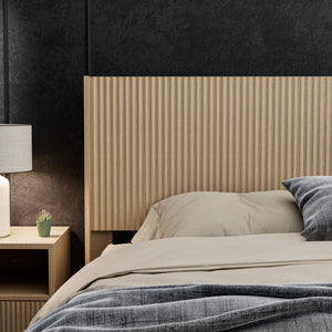 English Elm Modern Farmhouse Wood Headboard King Size 80.2" Wide Wall-Mount Fluted Wingback in Natural Oak, 3D Carved Elegance W3520P356718