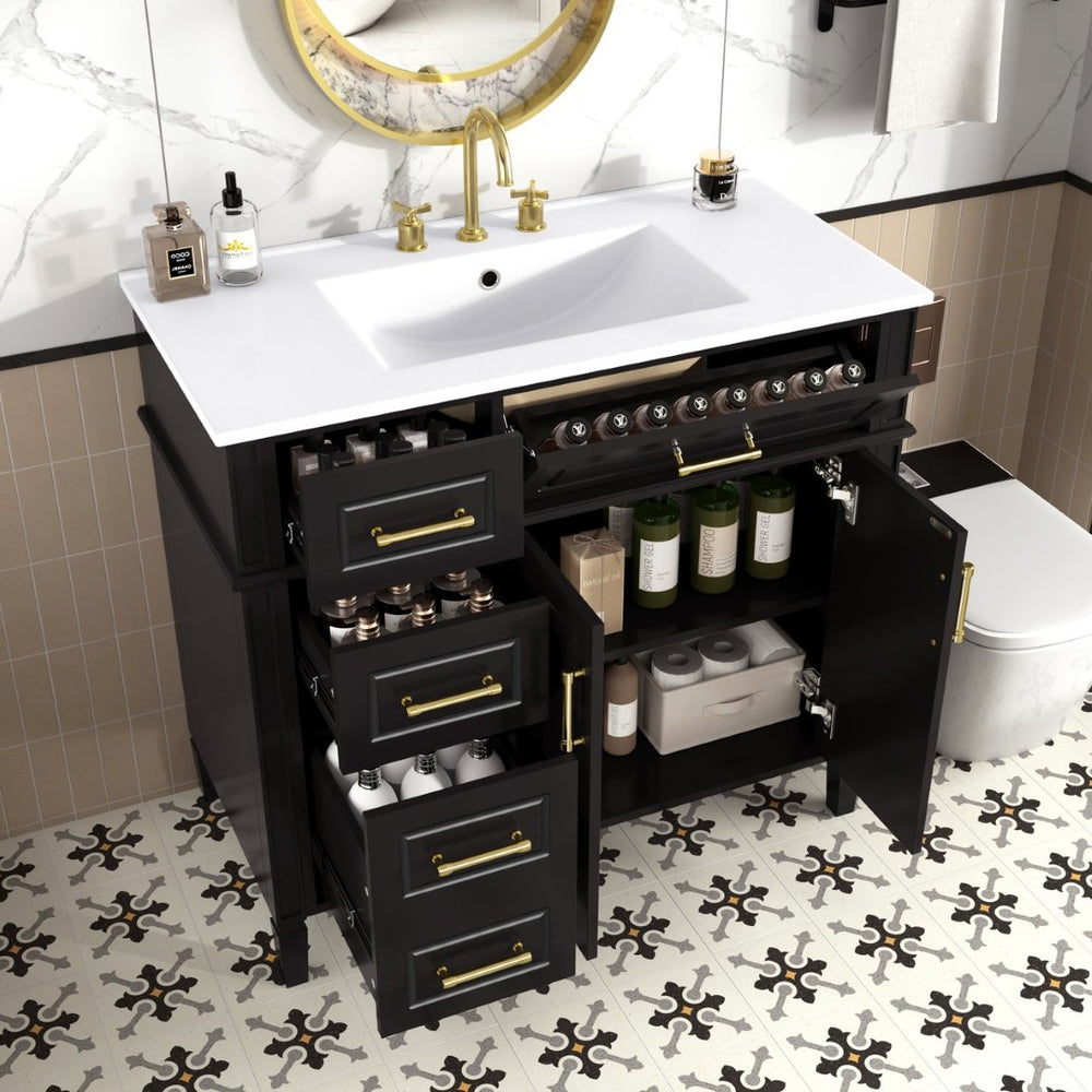 English Elm 36 Inch Freestanding Bathroom Vanity Sage Pine Cabinet Gold Hardware Ceramic Sink Black N725P366466B