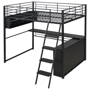 English Elm Full Metal Loft Bed with LED Desk & 4 Shelves, Black – Sturdy Full Frame, Color-Changing Lights, Compact GX000653AAB