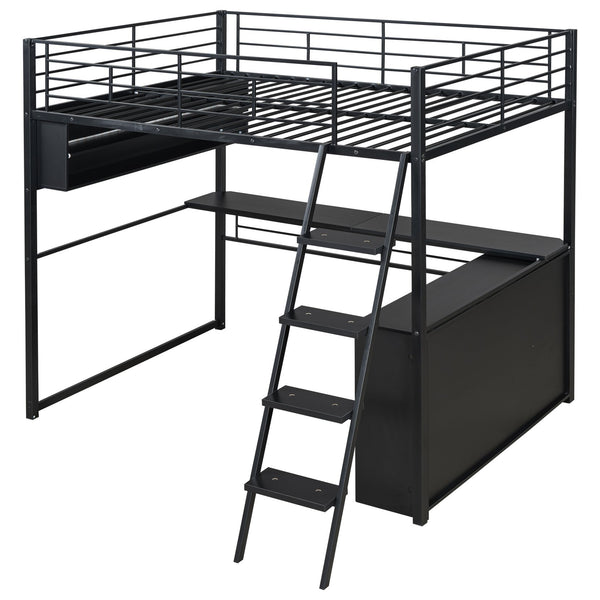 English Elm Full Metal Loft Bed with LED Desk & 4 Shelves, Black – Sturdy Full Frame, Color-Changing Lights, Compact GX000653AAB