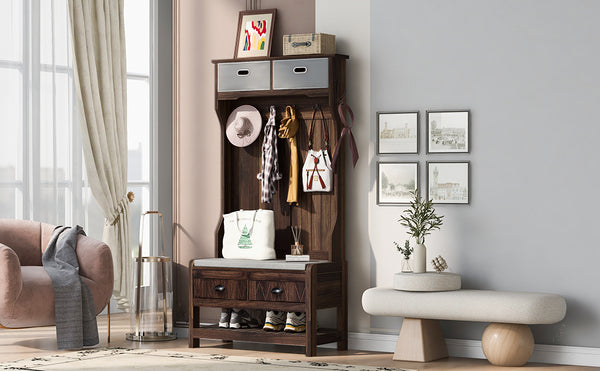 English Elm VIBE Hall Tree with 6 Hooks, Hinged Top Storage, Bench Seat & Drawers for Organized Entryway Brown N724P184891D