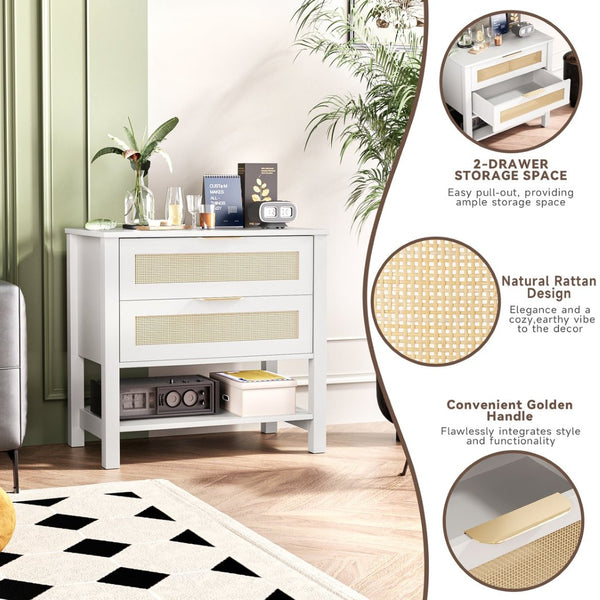 English Elm Rattan Front Boho Coastal Nightstand with Gold Pulls Open Shelf and Woven Drawer Accents White T3210P471548