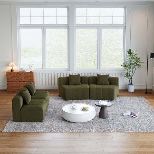 English Elm Chenille Modular Curved Sectional Sofa with Sculptural Piano Key Design and Four Throw Pillows Green W834S00585