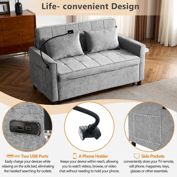 English Elm 56.9" Loveseat Sofa Bed with Chenille Upholstery, USB Ports, Phone Holder, Side Pockets, Reclining Backrest Grey N719P208853E