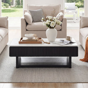 English Elm 46.5" Lift Top Coffee Table Fluted Frame Marble Pattern Hidden Storage Modern Living W5278P458348
