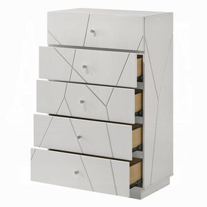 English Elm Ultra Modern white and silver 6-drawer dresser with embossed lines, smooth metal glides, luxe knobs Glossy White 35 L x 22 W x 56 H B2741P408970