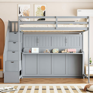 English Elm Full Over Murphy Bunk Bed with Hydraulic Lift Staircase Storage and Fold Away Desk LP000698AAE