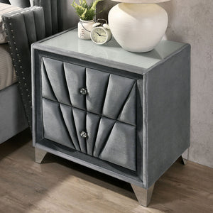 English Elm Gorgeous Art Deco Upholstered Nightstand with Velvet Finish, Glass Top, Crystal Knobs & Chrome Legs Gray 20 L x 28.5 W x 25 H B2741P320906