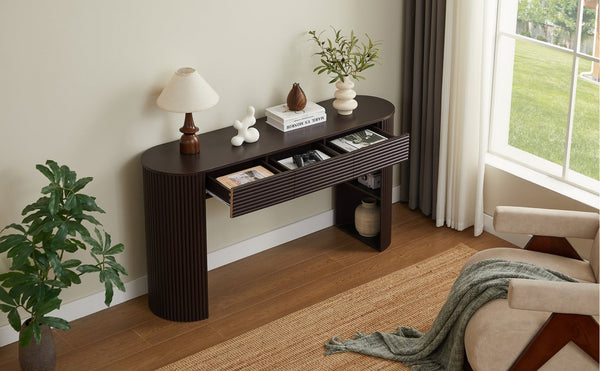 English Elm [video] Retro Fluted Console Table with 3 Drawers Open Niche Mid-century Entryway Espresso N759P283616D