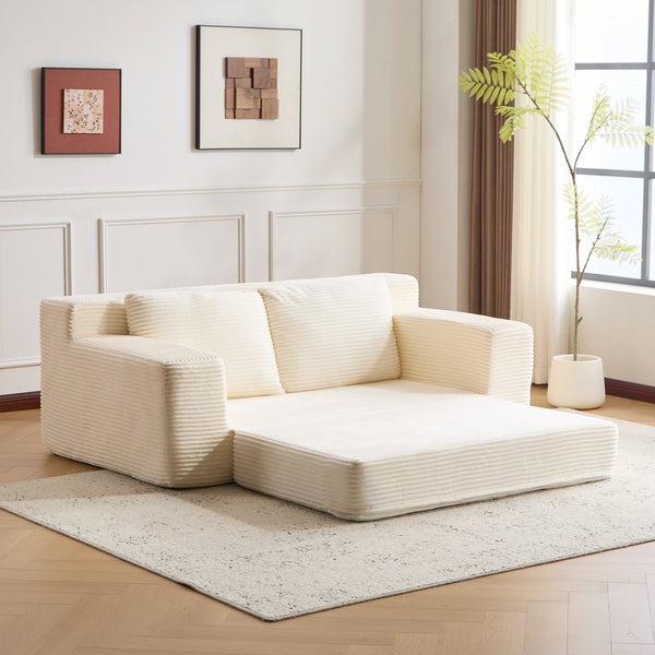 English Elm Loveseat Corduroy Bean Bag Sofa Bed with Memory Foam, Reversible Cushions, Plush Bolsters, No Assembly Required White W3723P346936
