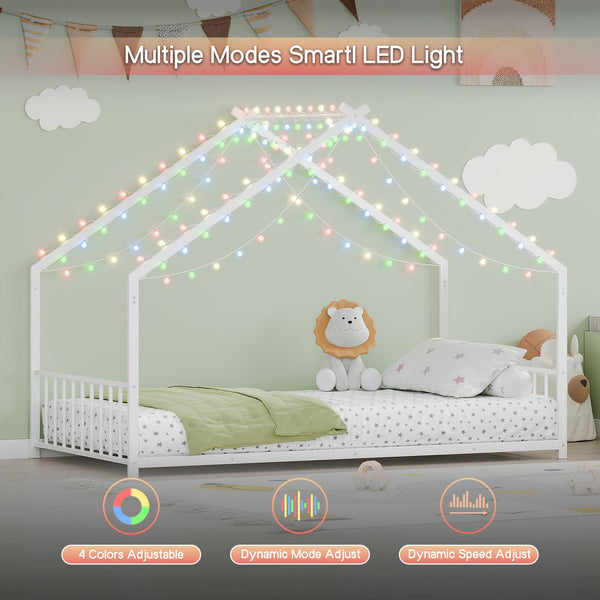 English Elm Twin iron roof bed frame with LED light strips for kids, sturdy 350lb capacity, easy 30-min assembly White W1820P308330