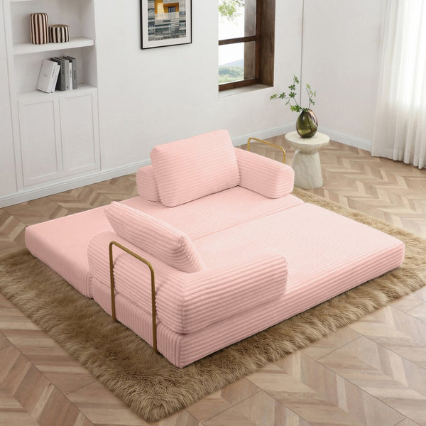 English Elm Convertible Floor Sofa Futon with Corduroy Upholstery for Living Room Lounging and Sleeping Pink W1117P434734