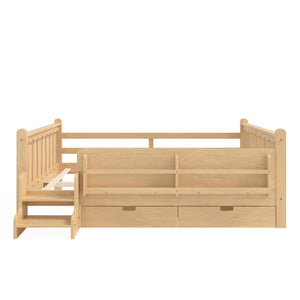 English Elm Queen Bunk Bed with Trundle Solid Pine Kids Car Themed Frame Built-in Bookshelf Light Natural W1580S00544