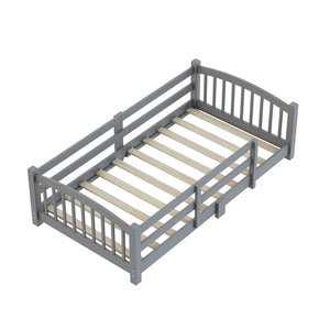 English Elm Twin Montessori Floor Bed Solid Pine Frame with Safety Guardrails for Kids Bedroom Gray N733P400298E