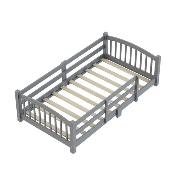English Elm Twin Montessori Floor Bed Solid Pine Frame with Safety Guardrails for Kids Bedroom Gray N733P400298E