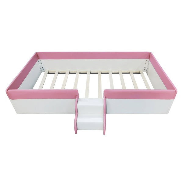 English Elm Twin Upholstered Daybed Frame with Fence & Stairs in Pink+White, PU Comfort, 10 Slats, 300lb Capacity SF000153AAH