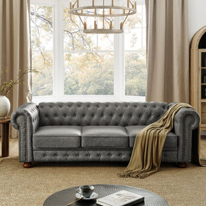 English Elm Chesterfield Linen Tufted 3-Seater Sofa with Scrolled Arms and Nailhead Trim, Durable Plywood Frame Dark Gray W1413S00095