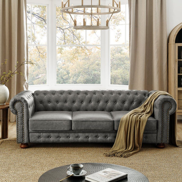 English Elm Chesterfield Linen Tufted 3-Seater Sofa with Scrolled Arms and Nailhead Trim, Durable Plywood Frame Dark Gray W1413S00095