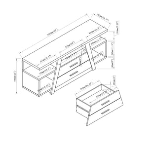 English Elm Two tall two-drawer TV stand with divided shelf and cubbies, aluminum bar handles, modern flair B107P302901