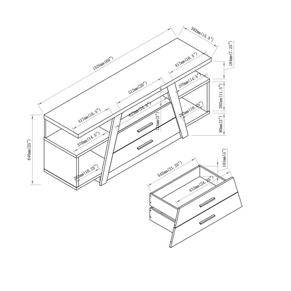 English Elm Two tall two-drawer TV stand with divided shelf and cubbies, aluminum bar handles, modern flair B107P302901