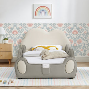 English Elm Twin Cloud Shaped Toddler Bed Upholstered Pu Leather with Guardrails and Storage Pocket Beige W1413S00186
