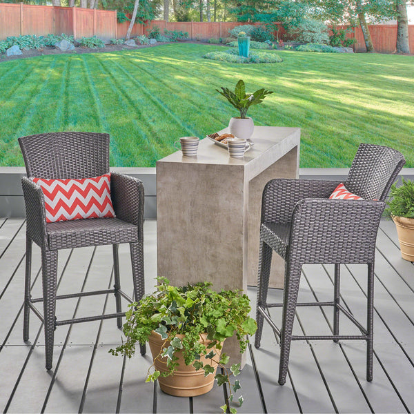 English Elm Christopher Knight Home® - ANAYA Outdoor Wicker Barstool Set of 2 — Weatherproof PE Wicker with Powder-Coated Iron Frames Grey 58896.00GRY
